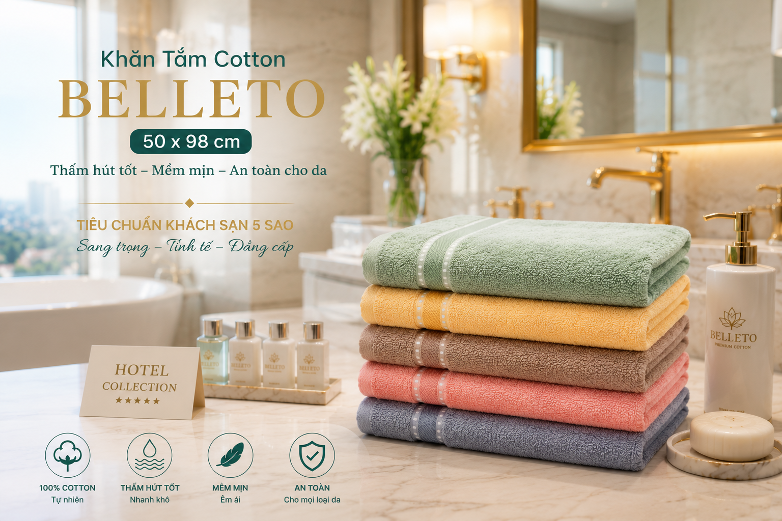 Khăn tắm Cotton Belleto WQ18 50x98cm cao cấp Mollis 100% cotton mềm mại thấm hút nhanh