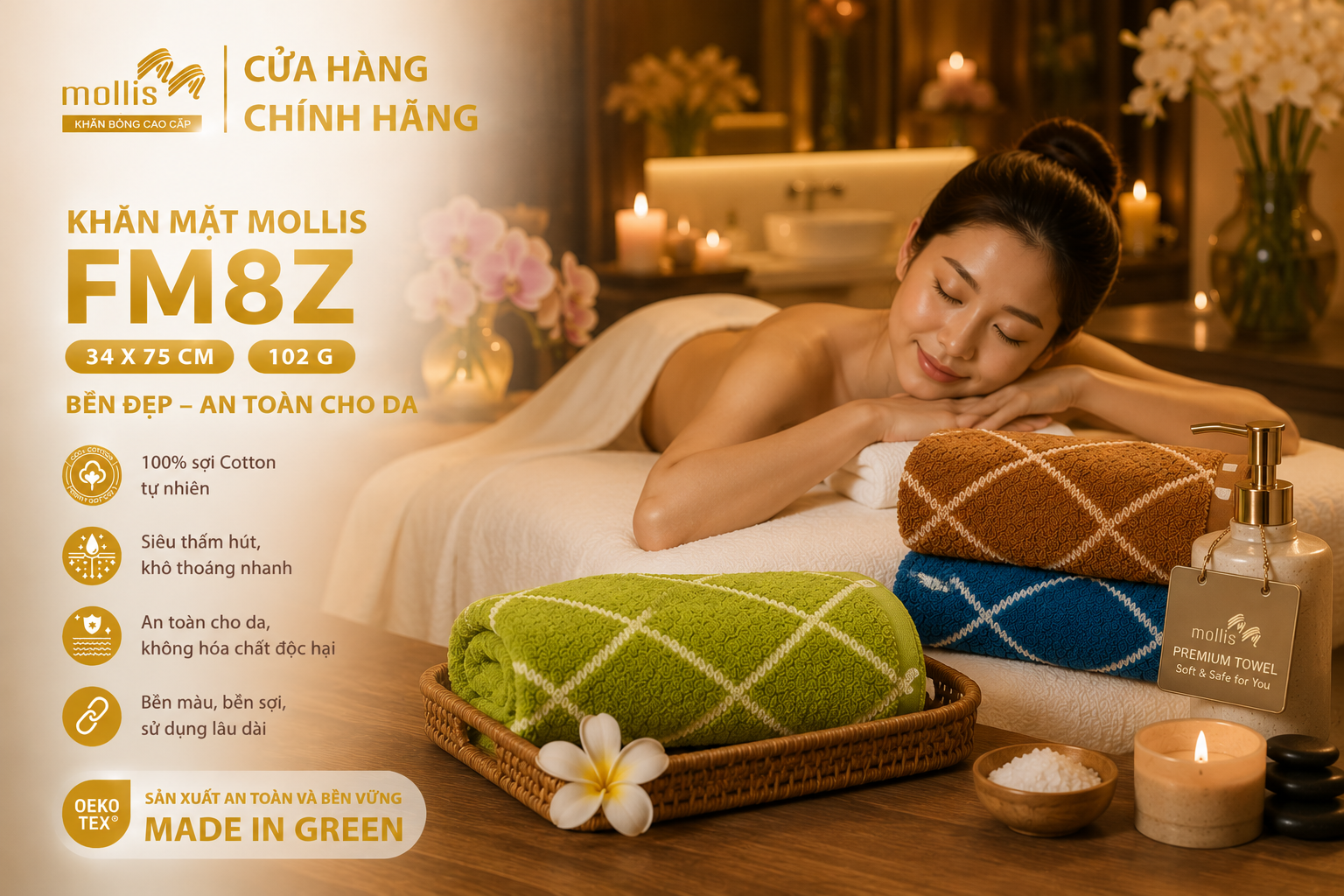Khăn mặt sợi Mollis Cotton FM8Z 34x75cm 102g cao cấp mềm mại thấm hút tốt