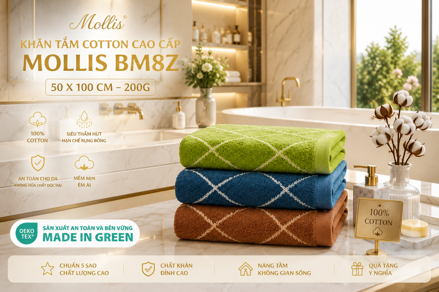 Khăn tắm sợi Mollis Cotton BM8Z 50x100cm 200g cao cấp mềm mại thấm hút tốt