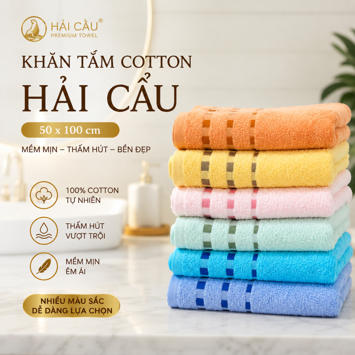 Khăn tắm Cotton BHD6 50x100cm cao cấp Mollis mềm mại và bền đẹp