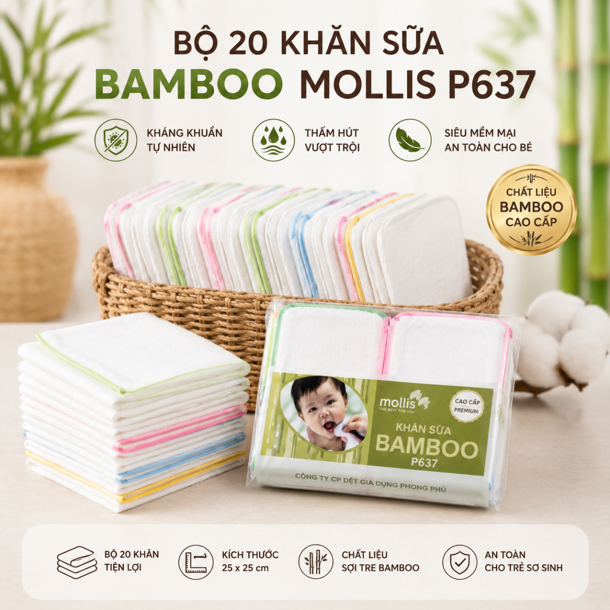 Khăn sữa Bamboo Mollis P637 25x25cm mềm mại thấm hút tốt cho trẻ sơ sinh