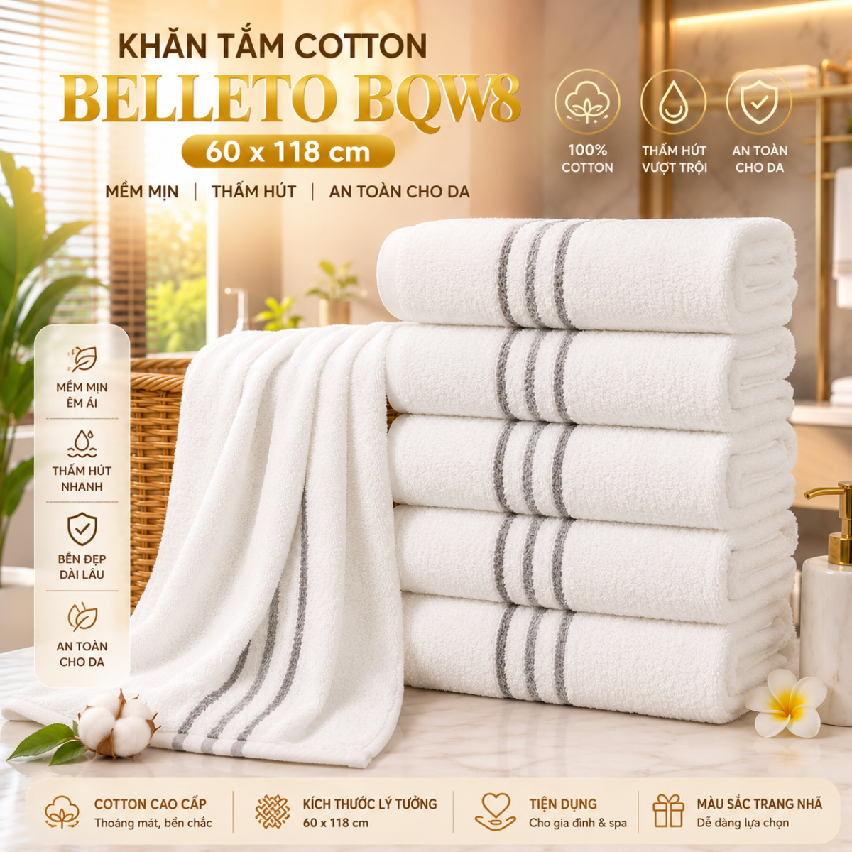 Khăn tắm Belleto Cotton BQW8 60x118cm 212g