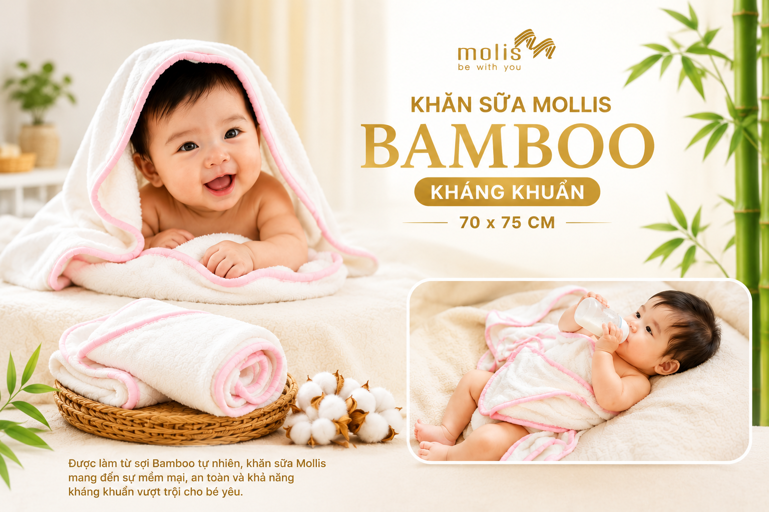 Khăn sữa Bamboo Mollis P635 70x75cm mềm mại thấm hút tốt an toàn cho bé