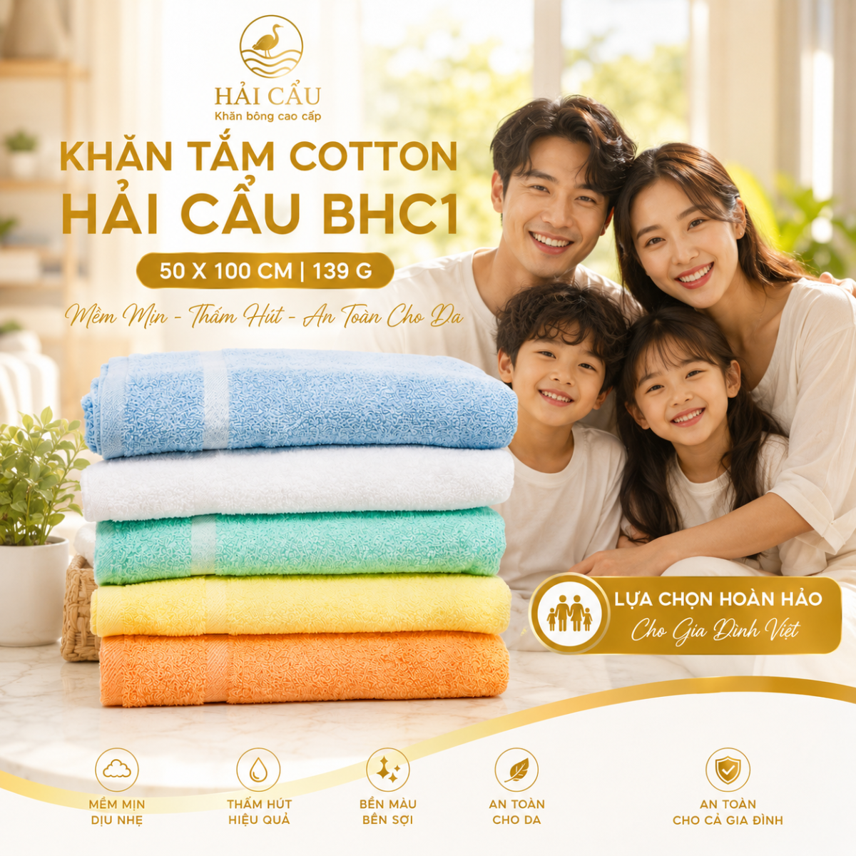 Khăn tắm Hải Cẩu Cotton BHC1 50x100cm cao cấp bền đẹp mềm mại an toàn cho làn da