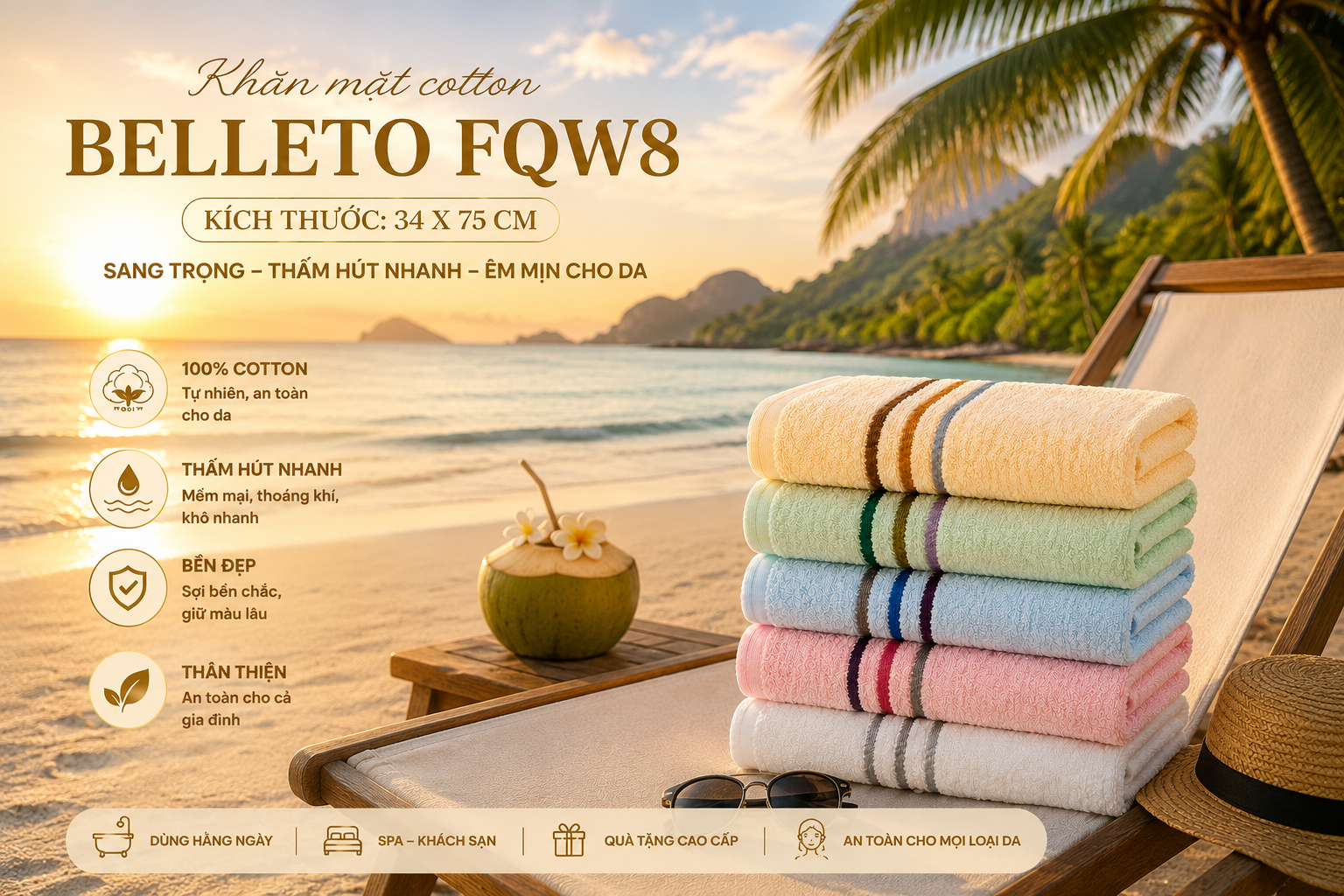 Khăn mặt Belleto Cotton FQW8 34x74cm 75g dành cho khách sạn