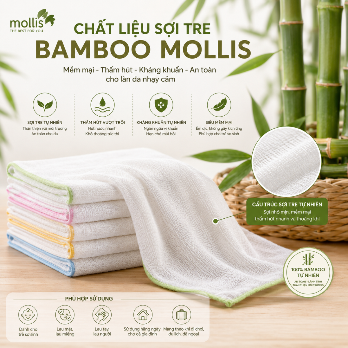 Khăn sữa sợi tre Bamboo Mollis P637 mềm mại, kháng khuẩn, thấm hút tốt