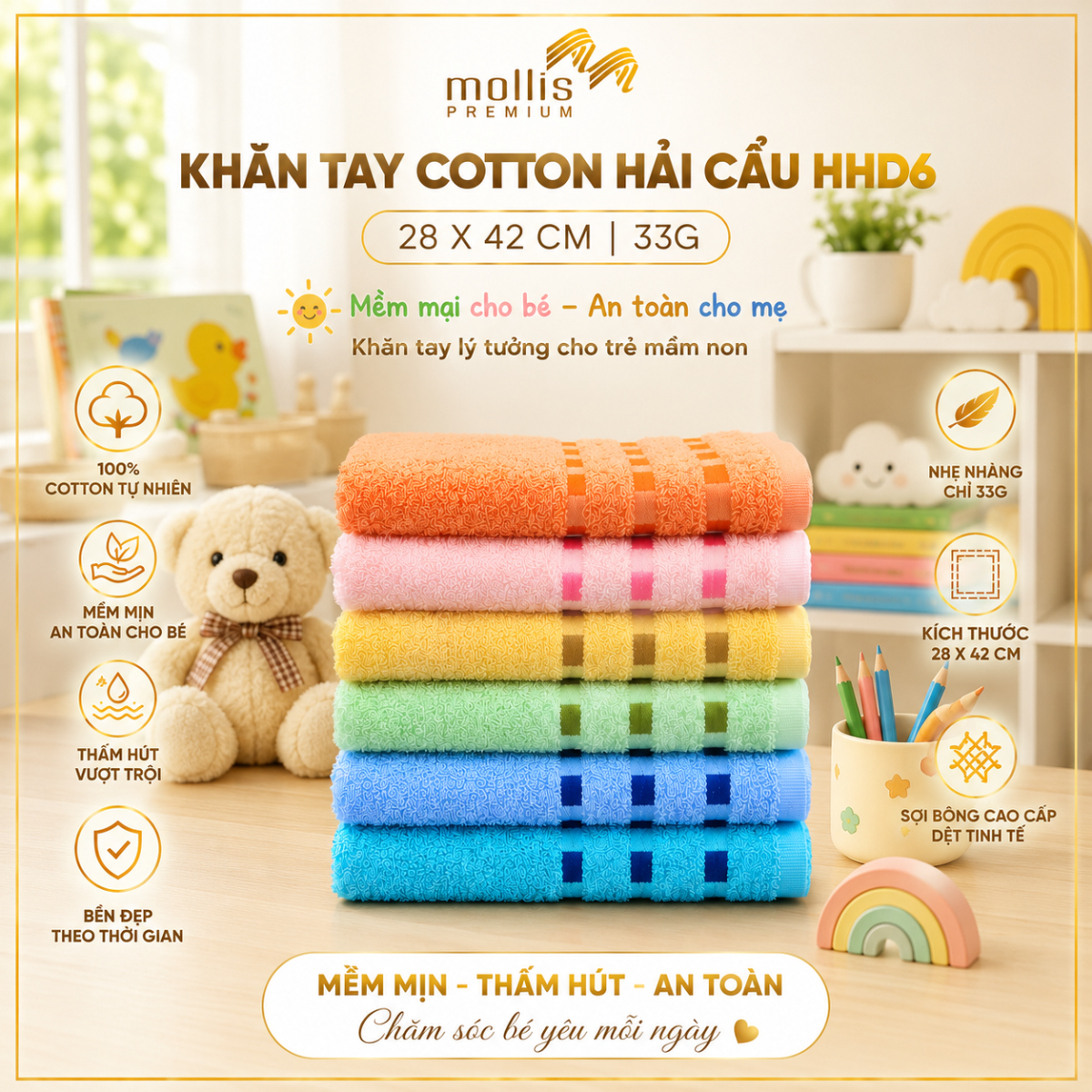Khăn tay Cotton Hải Cẩu HHD6 28x42cm 36.5g – Cotton 100% mềm mại, thấm hút tốt, phù hợp sử dụng hằng ngày.