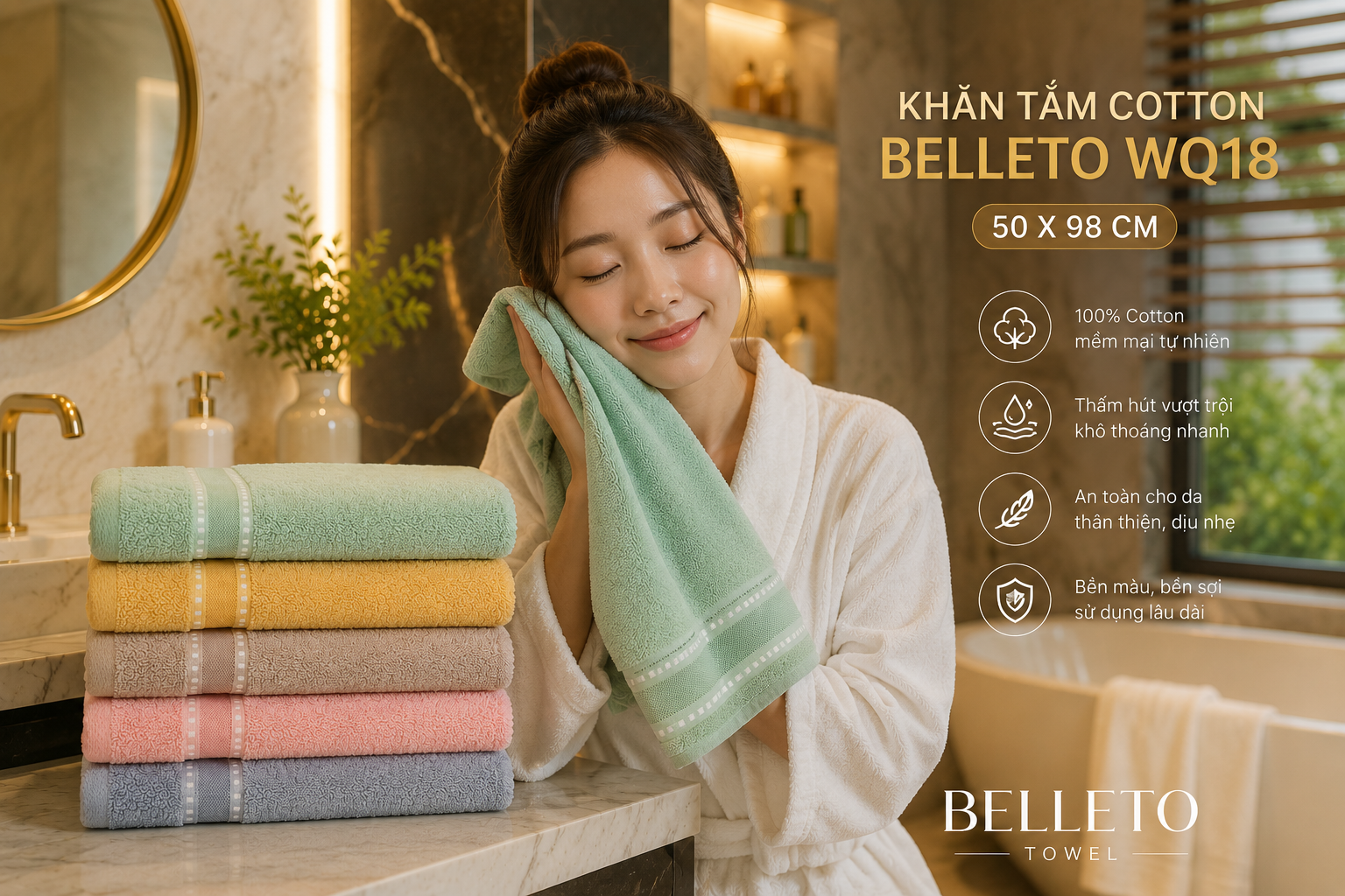 Khăn tắm Cotton Belleto WQ18 50x98cm mềm mịn thấm hút tốt cho gia đình.