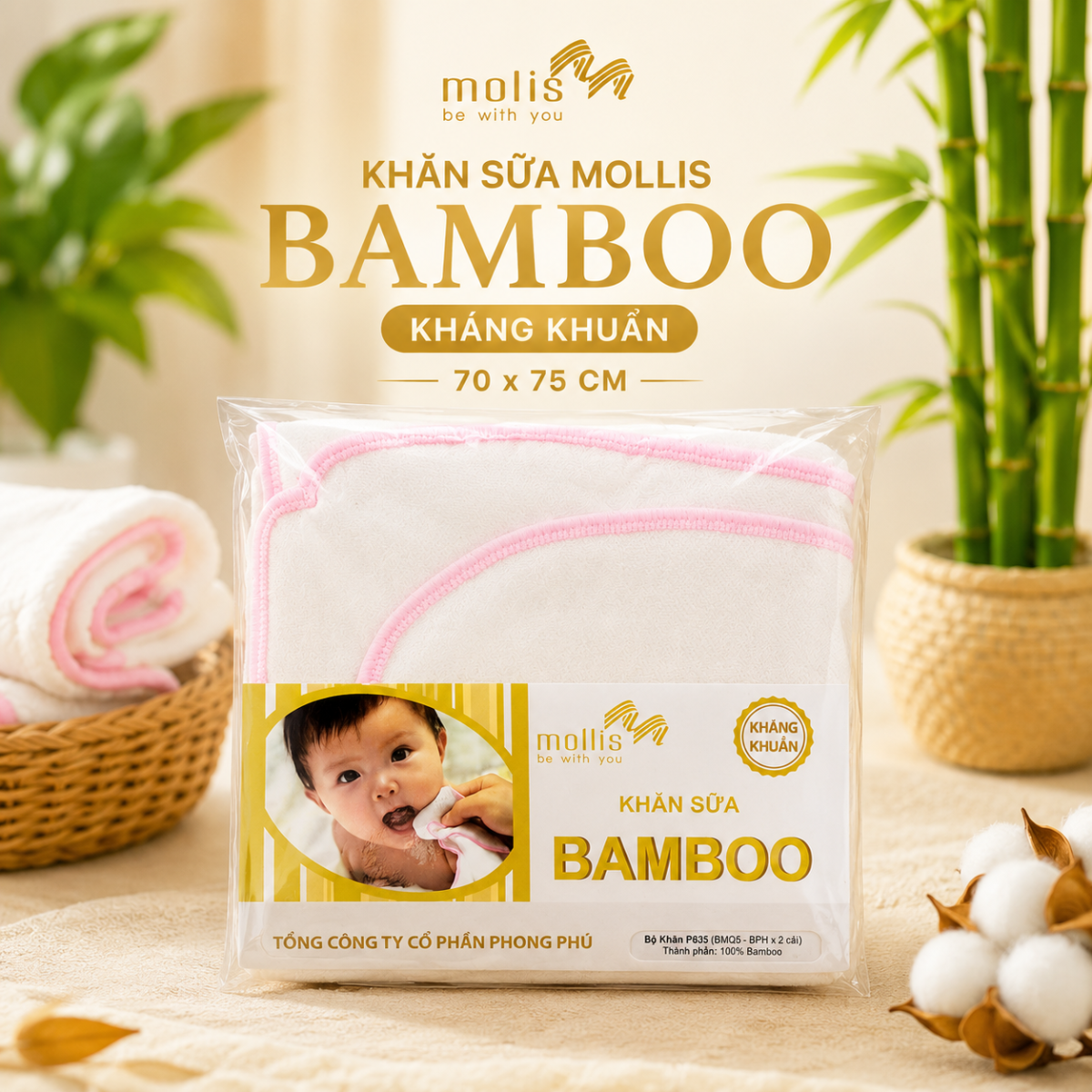 Khăn sữa Bamboo Mollis P635 70x75cm cao cấp từ sợi tre mềm mại thấm hút nhanh