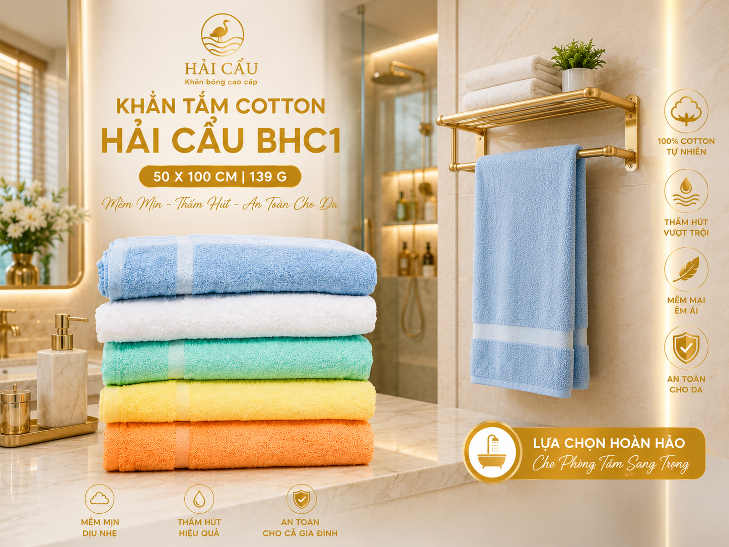 Khăn tắm Hải Cẩu Cotton BHC1 50x100cm 139g mềm mại thấm hút tốt cho gia đình và spa