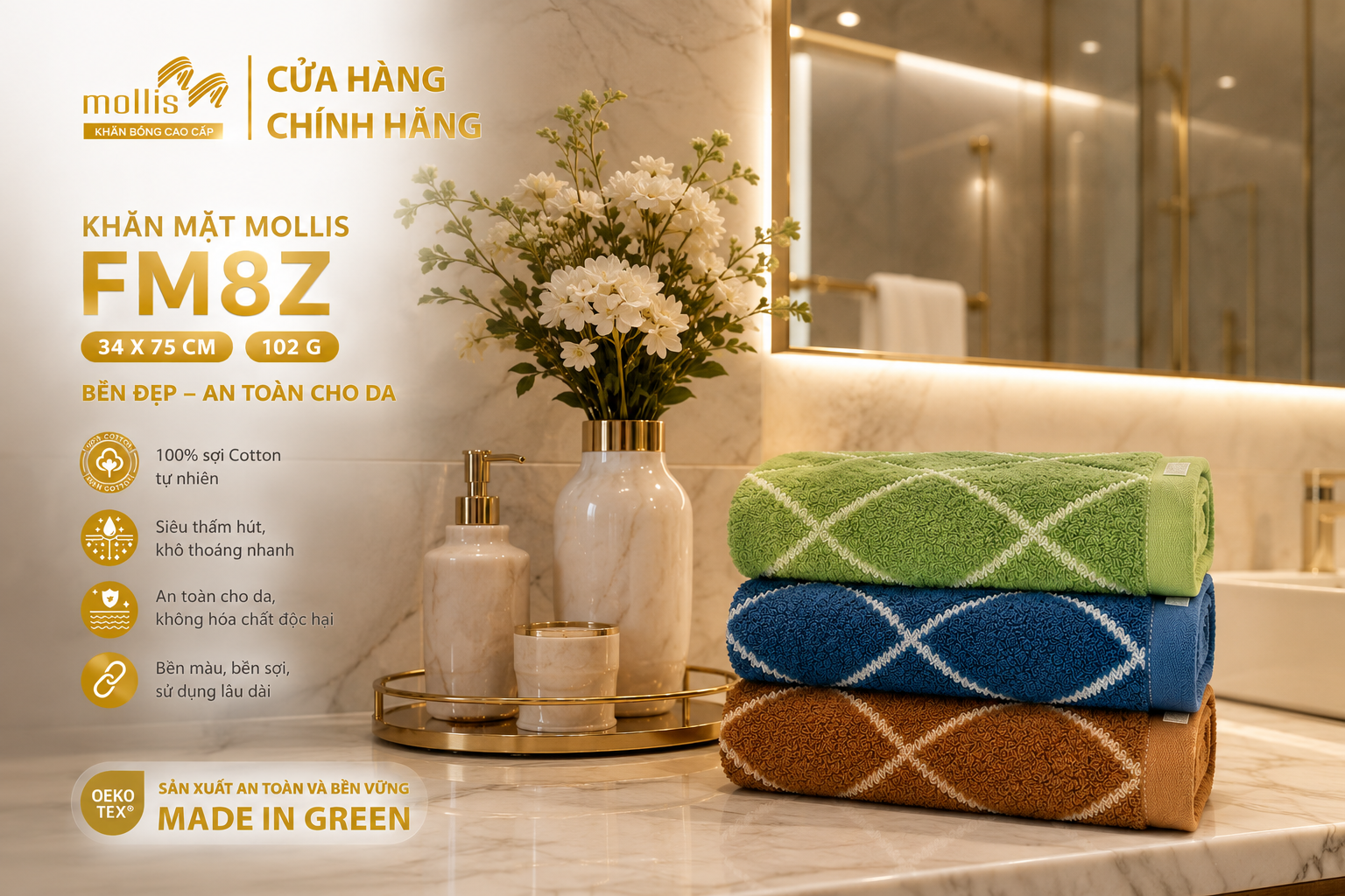 Khăn mặt sợi Mollis Cotton FM8Z 34x75cm 102g cao cấp 100% cotton mềm mại thấm hút nhanh