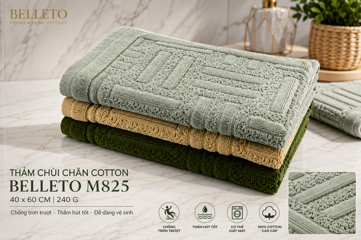 Thảm chùi chân Cotton BELLETO M825 40x60cm chống trơn cao cấp Mollis