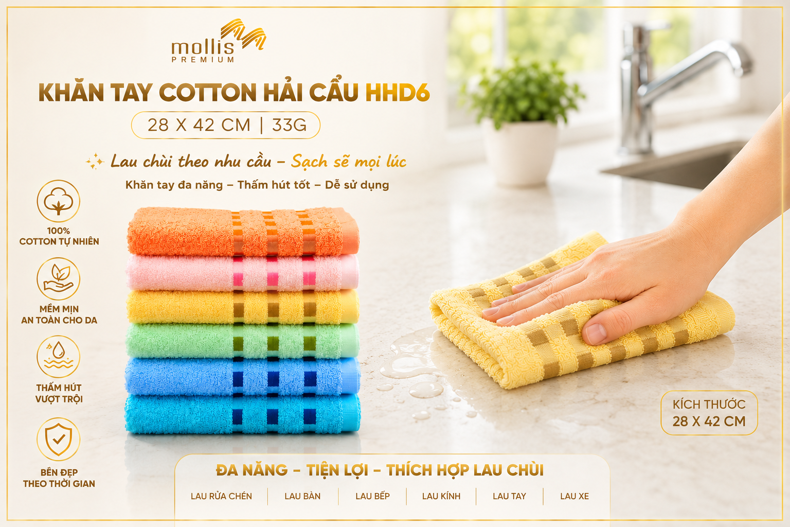 Khăn tay Cotton Hải Cẩu HHD6 28x42cm sử dụng cho trẻ em và người lớn