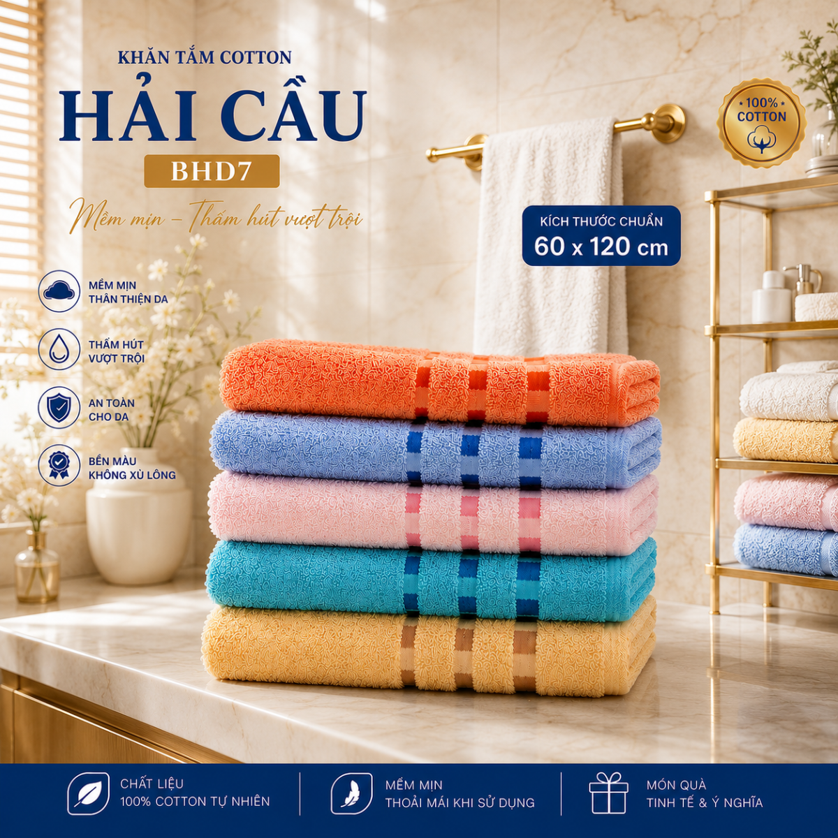 Khăn tắm Cotton Hải Cẩu BHD7 gấp gọn chất liệu cotton cao cấp.