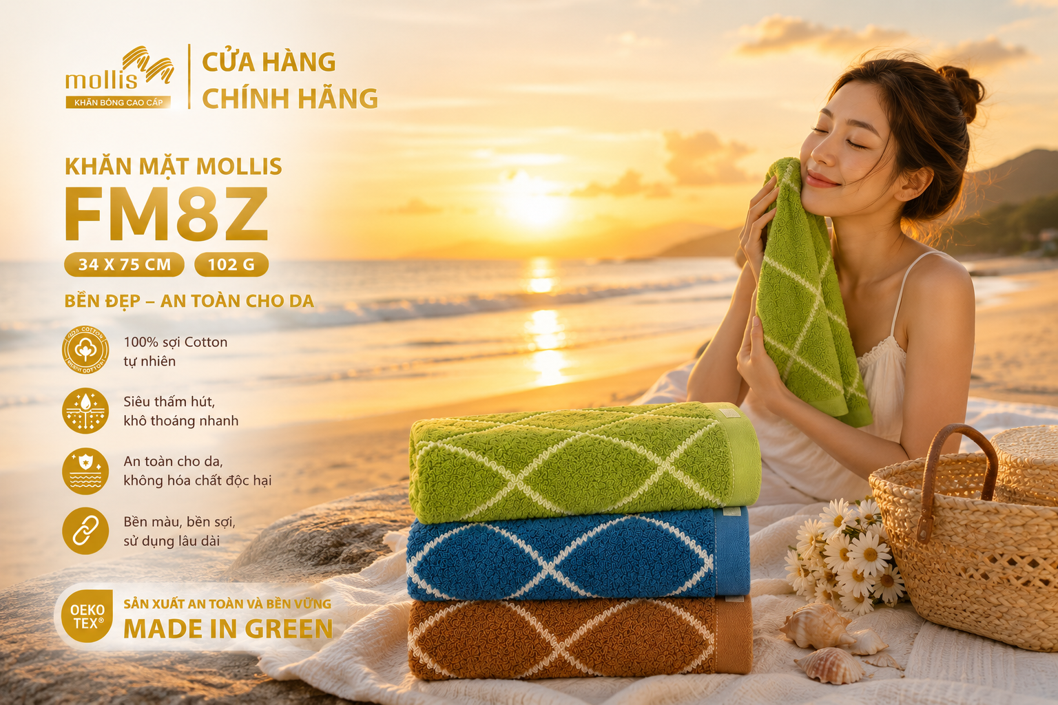 Khăn mặt sợi Mollis Cotton FM8Z 34x75cm 102g
