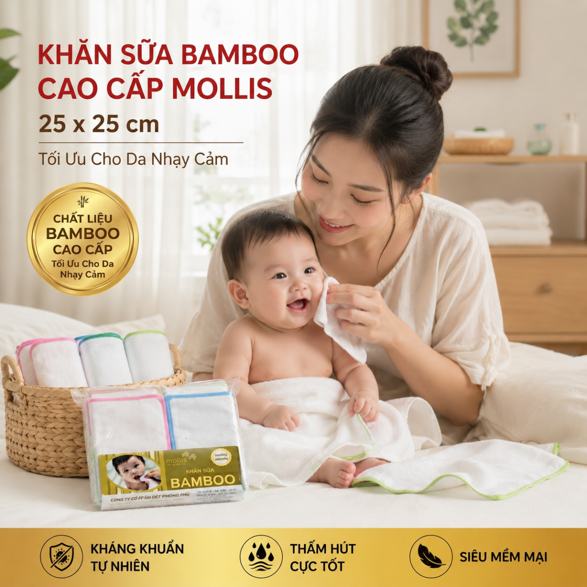 Bộ 20 khăn sữa Bamboo Mollis P637 sợi tre tự nhiên kháng khuẩn cao cấp