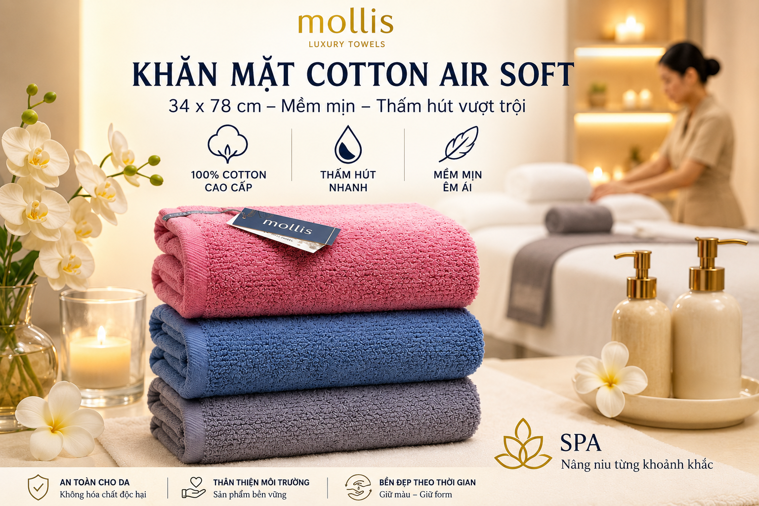 Khăn mặt Cotton Air Soft Mollis FMBJ 34x78cm mềm mại