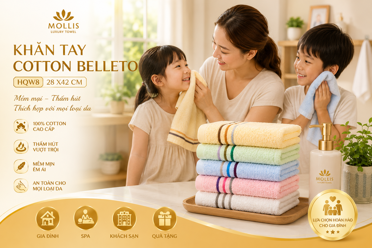 khăn tay Belleto Cotton HQW8 28x42cm 34g sử dụng cho gia đình