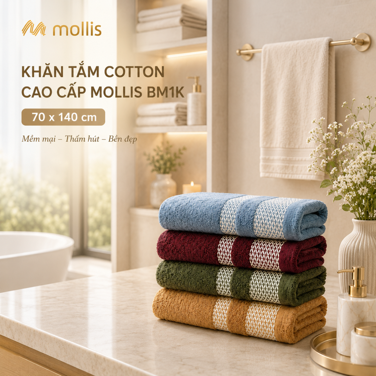Khăn tắm Mollis BM1K 70x140cm bền đẹp cho gia đình