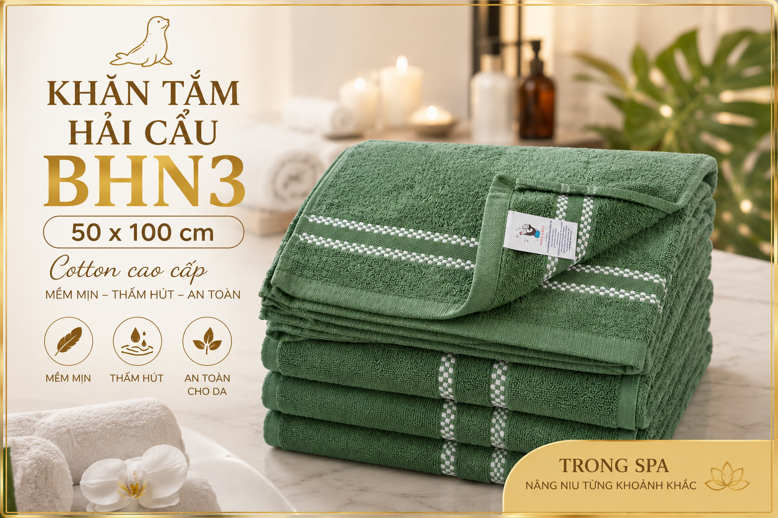 Khăn Tắm Hải Cẩu Cotton BHN3 50x100cm 150g xanh lá