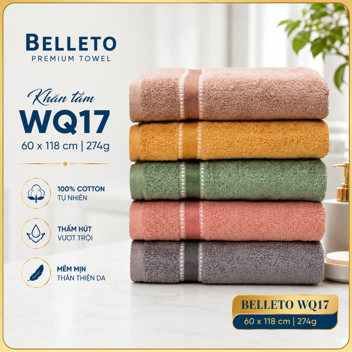 Khăn tắm Belleto cotton WQ17 60 X 118 cm 274g
