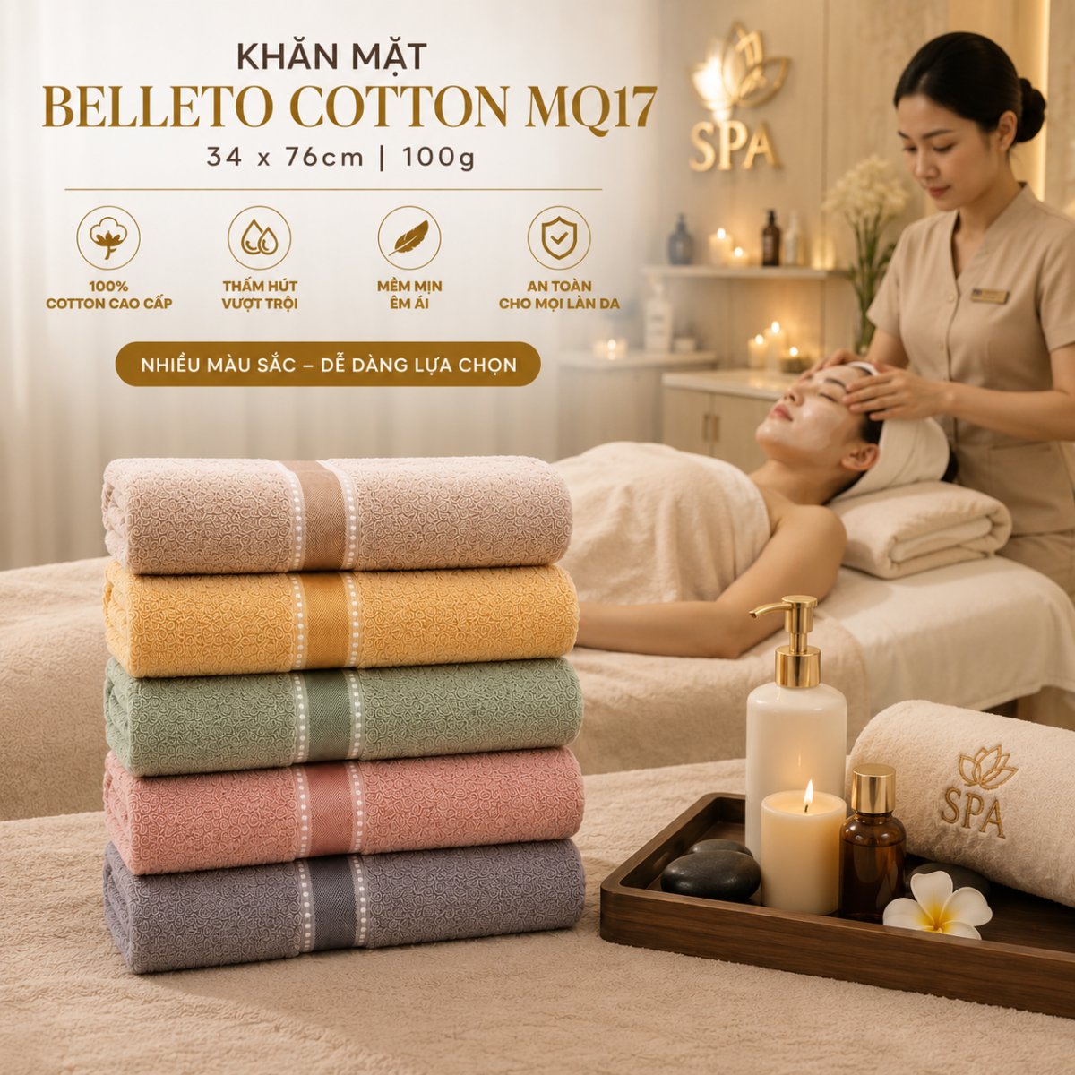 Khăn mặt Belleto cotton MQ17 màu xanh dương và khăn xếp chồng