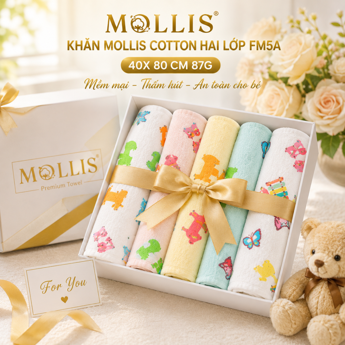 Khăn mặt Mollis cotton FM5A 40x80cm 87g QUÀ TĂNG CHO BÉ