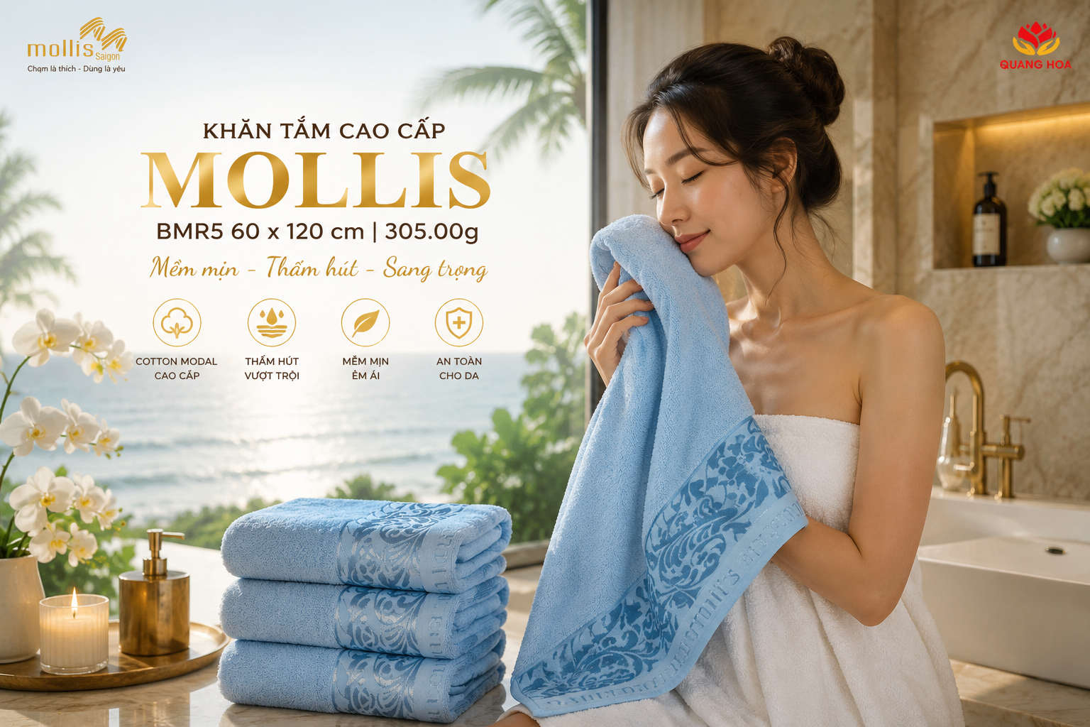Khăn tắm Mollis Modal BMR5 60x120cm 305g mềm mại thấm hút tốt