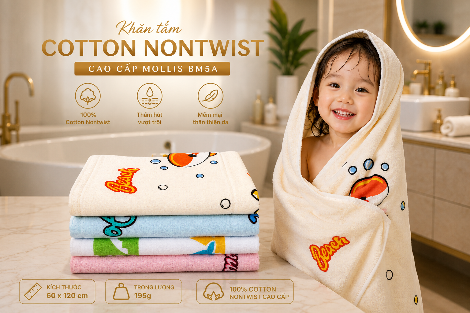 Khăn tắm cotton Mollis Nontwist BM5A 60x120cm 195g an toàn cho da