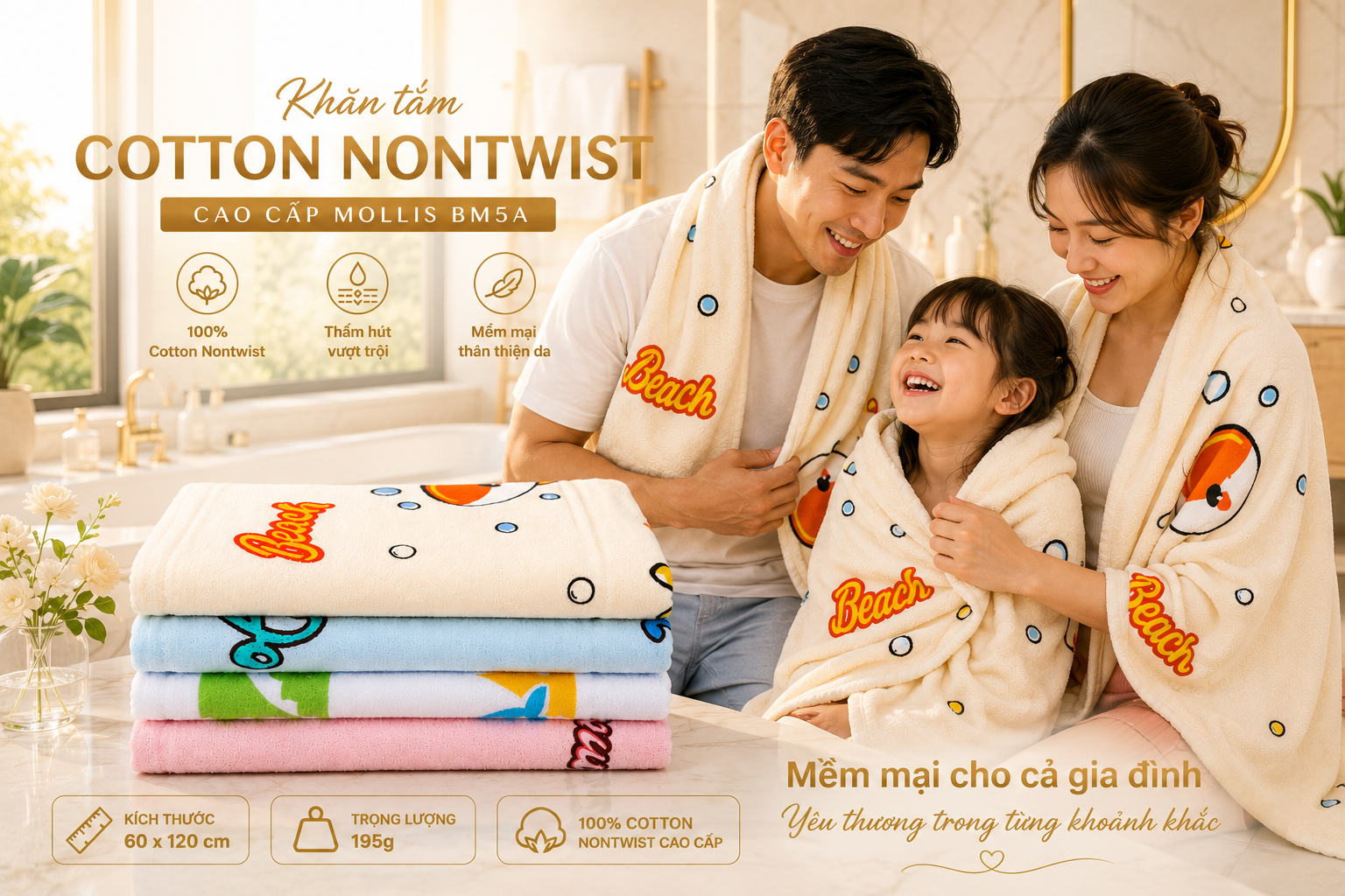 Khăn tắm cotton Mollis Nontwist BM5A 60x120cm 195g tạo cảm giác thoải mái cho người sử dụng