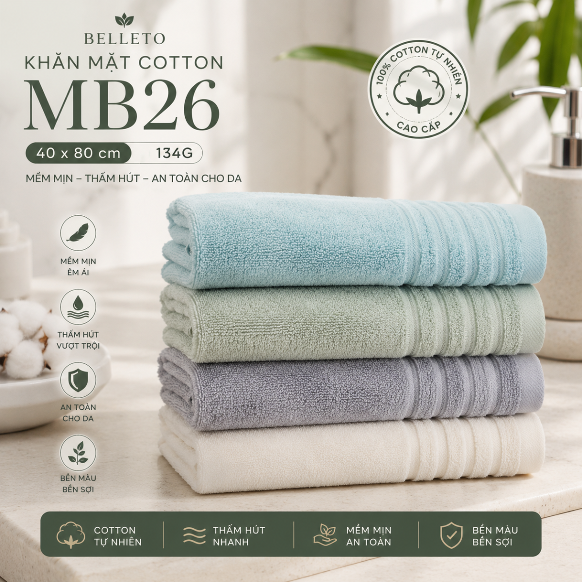 Khăn mặt Cotton Belleto MB26 40 x 80 cm mềm mịn thấm hút tốt