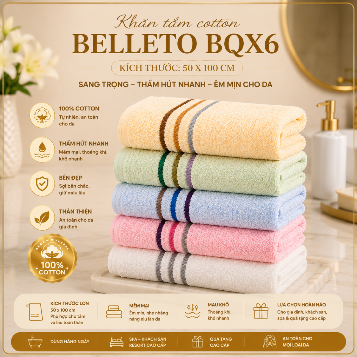 Khăn tắm Belleto BQX6 50x100cm 147 mềm mịn thấm hút