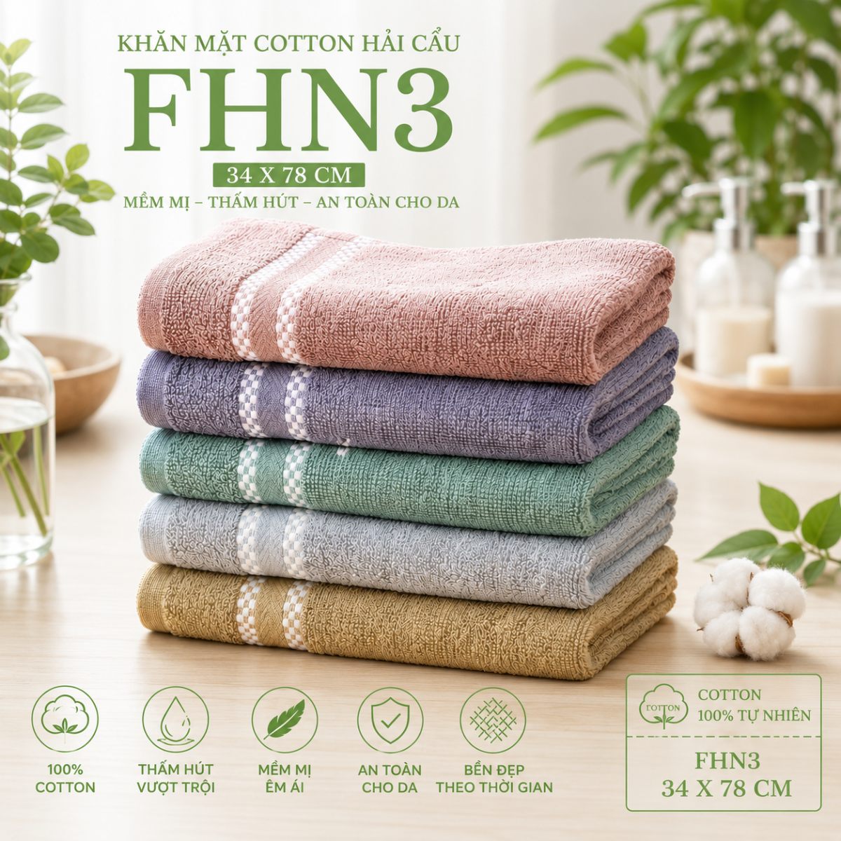 Khăn Mặt Cotton Hải Cẩu FHN3 34x78 CM 80G