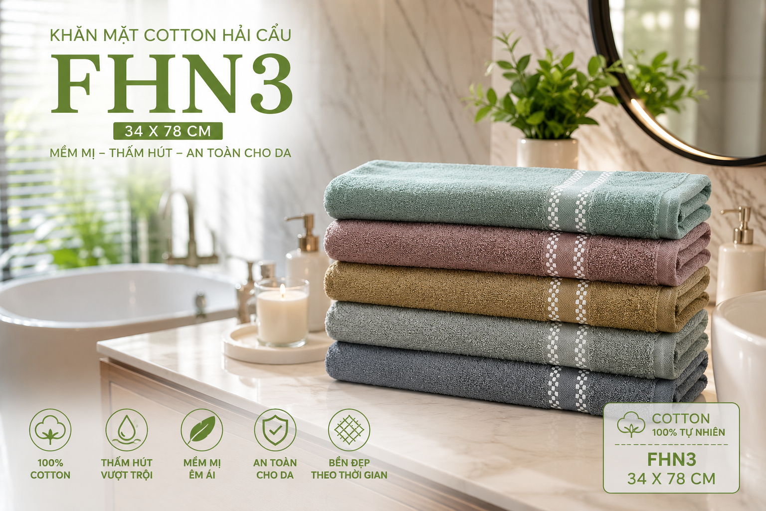 Khăn Mặt Cotton Hải Cẩu FHN3 trong phòng tắm