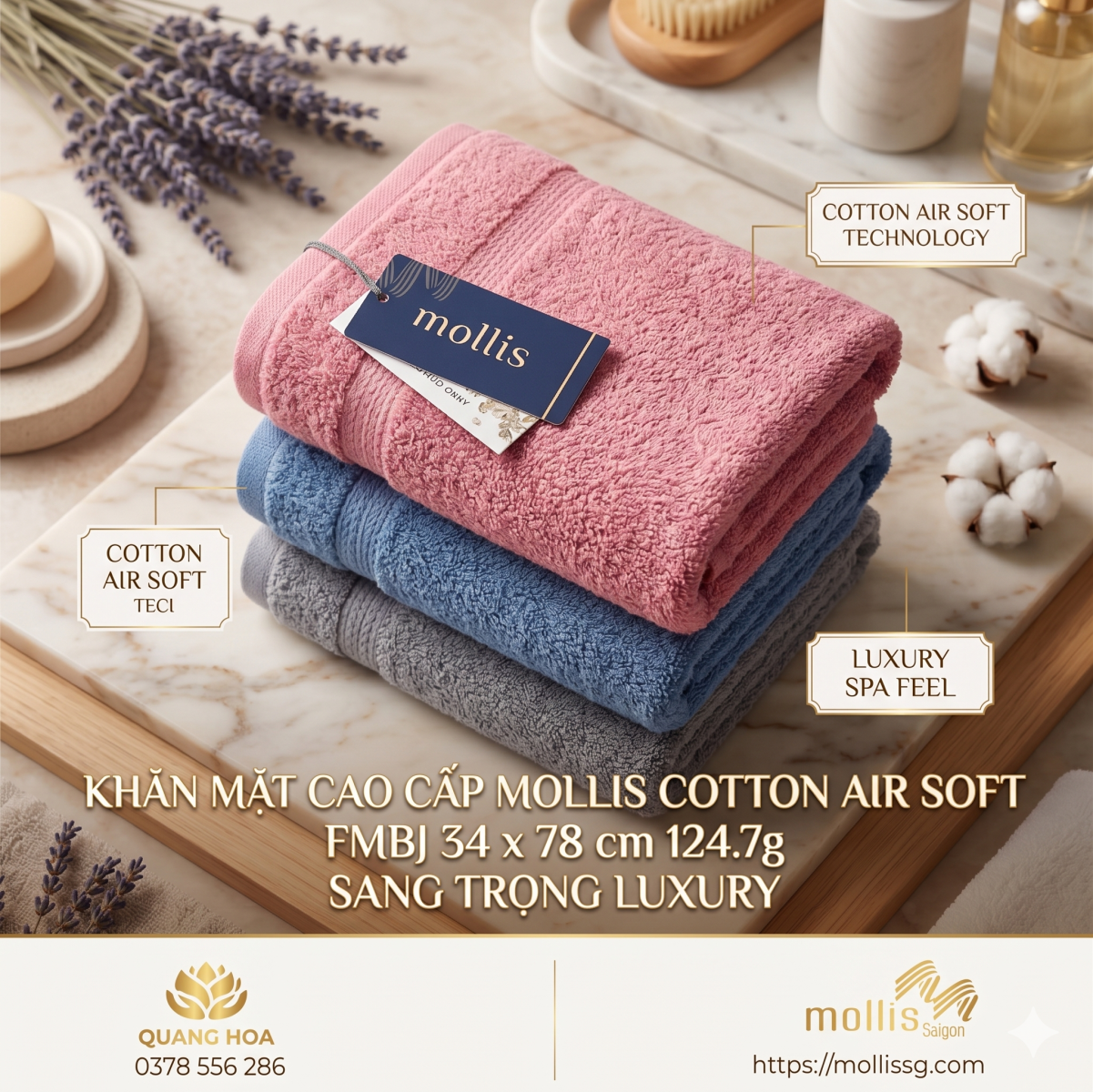 Khăn mặt Cotton Air Soft Mollis FMBJ 34x78cm màu hồng