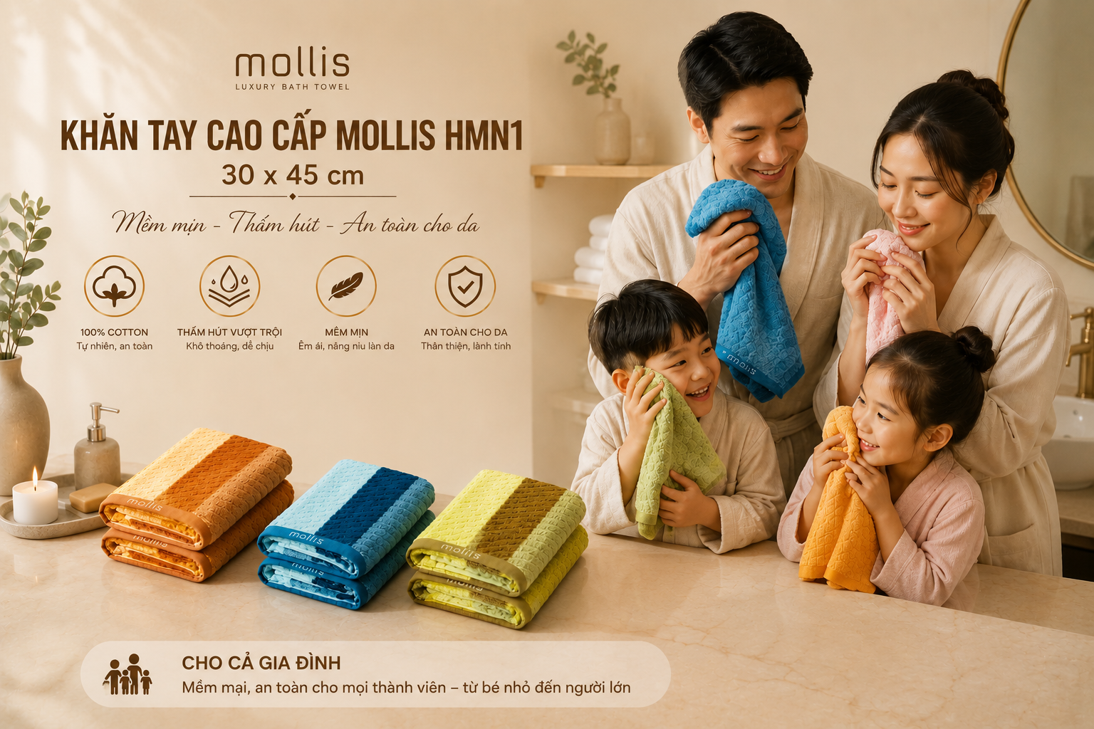 Khăn mặt cotton MN1 34x50cm 78g mềm mại thấm hút tốt