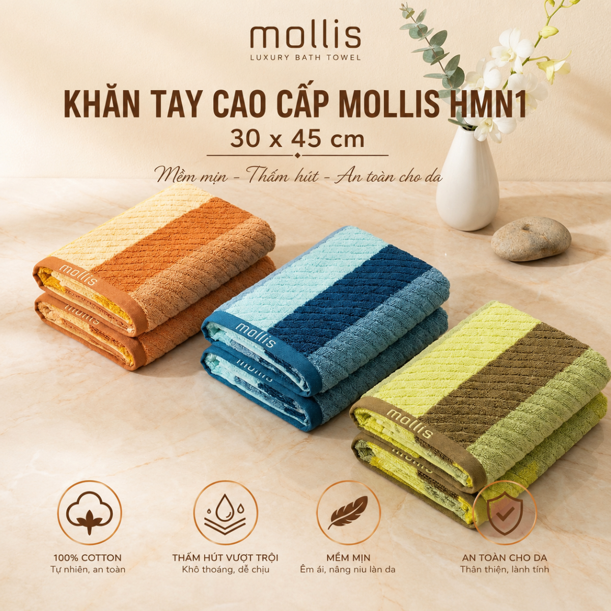 Khăn cotton MN1 cao cấp 34x50cm mềm mại thấm hút nhanh
